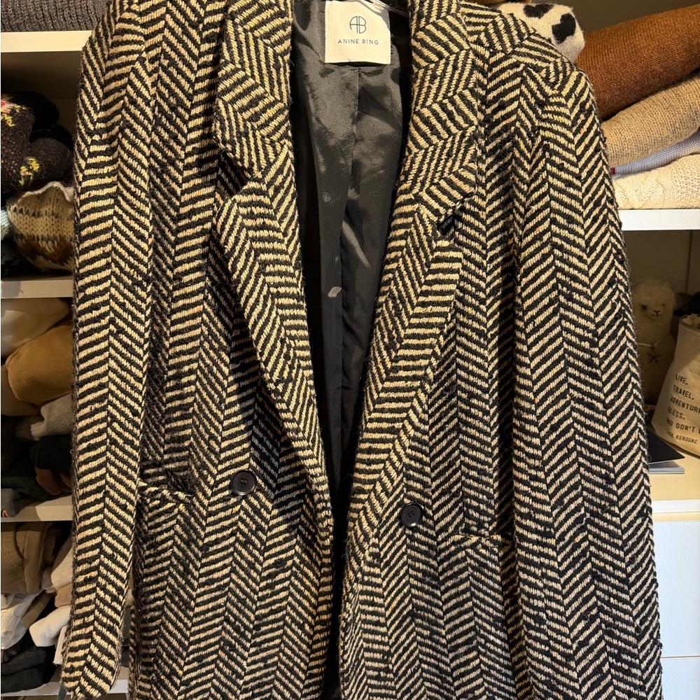 Anine Bing Black and Cream Herringbone Blazer